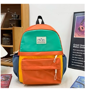 Detail of multi-color backpack with MOUNTAINS patch and functional zipper pocket