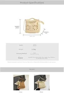 Detailed dimensions and color options for the handmade hollow tassel straw crossbody bag