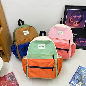 Kids Backpack Color Block Nylon Lightweight School Outdoor Bag With Mountains Patch For Boys Girls