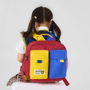 Kids colorful patchwork backpack with cartoon bear patch and multi-pocket design