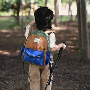 Kids large capacity contrast color backpack for outdoor adventure with mountain logo