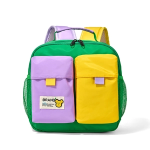 Cartoon color block kids backpack in green purple and yellow for toddler boys and girls