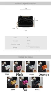 Detail of glossy patent leather mini crossbody bag with bow and golden chain strap