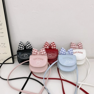 Mini Kids Crossbody Bag PU Leather Gingham Plaid Bow Cute Cat Embroidery Small Shoulder Purse For Toddlers Girls