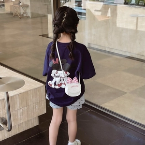 Kids navy t-shirt with Mickey Mouse print and white crossbody bag with checkered bow