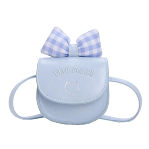 Cute light blue kids crossbody bag with large gingham bow and cat embroidery