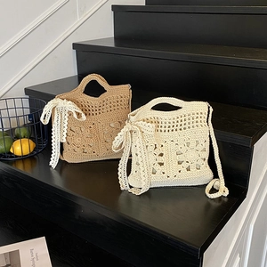 Crochet Shoulder Bag Knit Hollow Flower Lace Bow Decor Crossbody Handbag Summer Pastoral Sweet Style Women