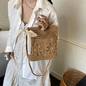 Pastel khaki crochet floral shoulder bag with lace bow and adjustable strap