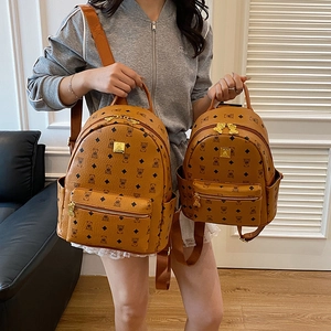 Brown large capacity backpack with cute bear print and golden hardware for women