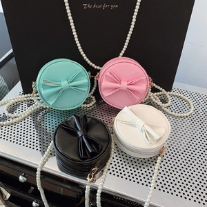 Sac Bandoulière Rond Pour Petites Filles En Cuir PU Nœud Papillon Décor Chaîne Künstliche Perles Mini Sac À Épaule