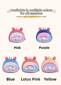 Detail view of five colorful hardshell school backpacks with cute bunny and strawberry ears