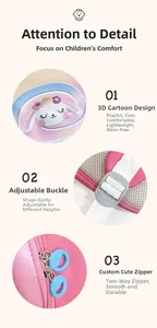 Detail of 3D cartoon pattern, adjustable strap buckle and double zippers on pink kid backpack