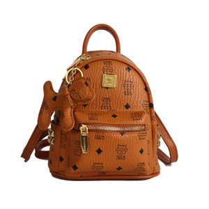 Brown leather mini backpack with cat pattern prints and decorative golden side studs