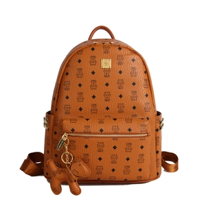 Sac à dos en cuir PU caramel avec imprimé chat vintage et breloque pour voyage