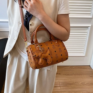 Caramel boston bag with cartoon cat prints and adjustable shoulder strap for women