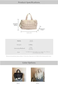 Detailed size specifications of the quilted polka dot tote bag with dimensions and straps