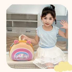 Detail of waterproof EVA hardshell kids backpack with cute 3D strawberry and rabbit