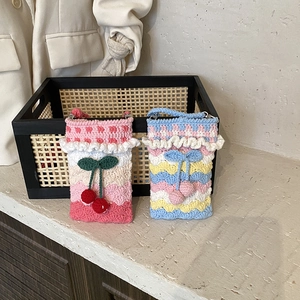 Mini Shoulder Phone Bag Handmade Knitted Crochet Sweet Cherry Bow Decor Rainbow Wave Pattern For Women Girls
