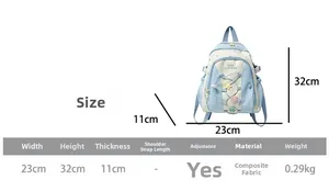Detailed dimensions of blue cartoon kids backpack featuring stars and drawstrings