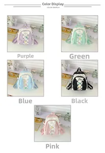 Color display of cartoon schoolbags in purple, green, blue, black and pink options