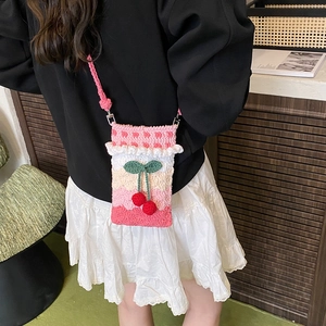 Handmade crochet rainbow shoulder bag with cherry pendant for women and girls