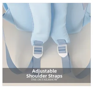 Detail of adjustable nylon shoulder straps with white plastic buckles on a light blue backpack