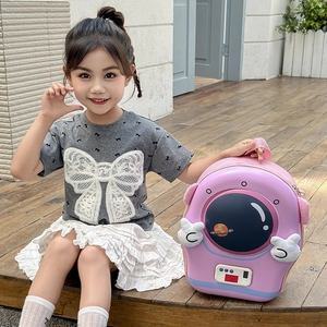 Pink astronaut hardshell kids backpack with planet window for preschool girls