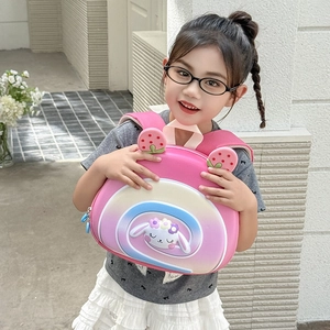 Cute pink cartoon bunny backpack with 3D strawberry detail for toddler girls