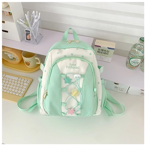 Detail of mint green school bag with star prints, elastic drawstrings and cute star decor