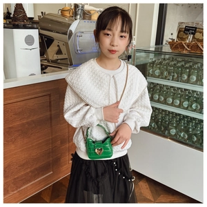 Close-up of green crocodile texture mini bag with golden heart buckle and chain strap
