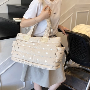 Quilted polka dot mommy bag in beige with large capacity and detachable strap