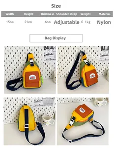 Detail view of nylon crossbody bag for kids with color-blocking and sizing 15x21x6cm