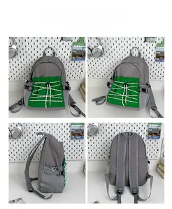 Detailweergaven van de grijs-groene nylon rugzak met elastisch trekkoord aan de voorzijde