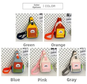 Detail showing five color variations of lightweight nylon crossbody bags for children