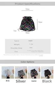 Detailed size specifications and color options for the sequin drawstring bucket bag