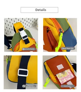 Detail of colorful kids crossbody bag featuring plastic buckle and adjustable nylon strap