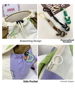 Détails du cordon de serrage et pendentif lapin sur un sac à dos en patchwork