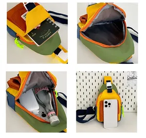 Detail view of multi-color kids' sling bag compartments showing high storage capacity