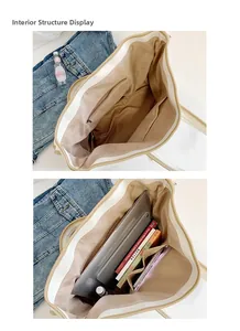 Detail view showing internal structure of a white tote bag with zip pocket and inserts