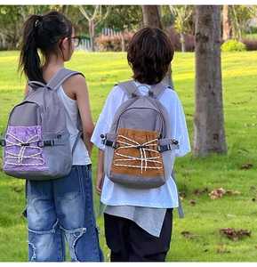 Kids outdoor backpacks with contrast color drawstring pockets and elastic cord details