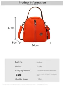 Detailed size chart and dimensions for the orange nylon shell-shaped crossbody bag