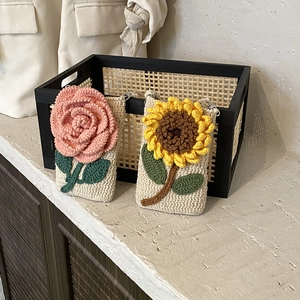 Mini Sac Bandoulière Crochet Fait Main Pochette Téléphone Tricotée Fleur 3D Style Pastoral Doux Pour Femmes