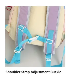 Detail of adjustable breathable shoulder straps and chest buckle on a macaron backpack