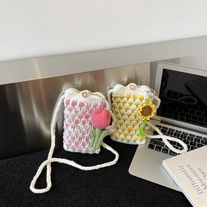 Handmade Crochet Phone Crossbody Bag Yarn Floral Tulip Sunflower Mini Shoulder Pouch Artificial Pearl Bead Decor Sweet Style