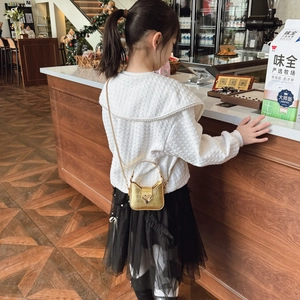 Mini gold heart-lock handbag with stone pattern and chain strap for kids and girls