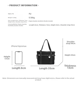 Detailed size guide of black PU tote bag with heart charm and iPhone size comparison