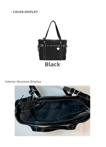 Detailed internal view of black glossy leather tote bag with spacious zipper compartment