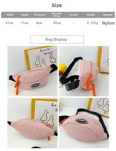 Size chart and detail views of the lightweight nylon crossbody chest bag for kids