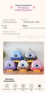 Detail specifications of cartoon UFO kids backpack made of Oxford cloth and EVA material