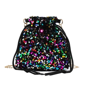 Sparkly multi-colored sequin bucket bag with drawstring closure and gold chain strap